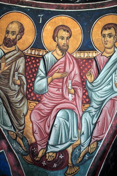 Apostelen rond Christus en het Laatste Oordeel Detail van de Byzantijnse fresco van het Narthex gewelf van de kerk van Asinou Laatste oordeel scène 14e eeuw (1332) UNESCO, werelderfgoed Troodos regio, Cyprus door Unbekannt