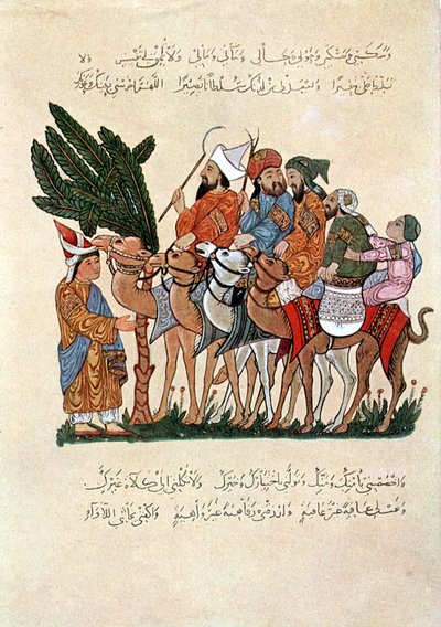 Arabische reizigers op kamelen, begroet aan het einde van hun reis door Unbekannt