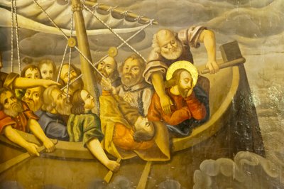 Armeens-Apostolische Kerk; muurschildering; storm; Jezus met zijn discipelen in de boot tijdens een storm; Bethlehemkerk of Bedkhemkerk; Julfa-district of Jolfa; Isfahan; Iran; Azië door Unbekannt