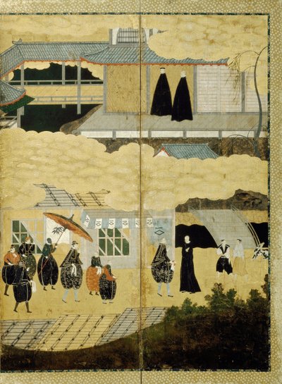 Aankomst van een Portugees schip. Nanban-scherm. Detail: Japanse christenen, ca. 1600 door Unbekannt