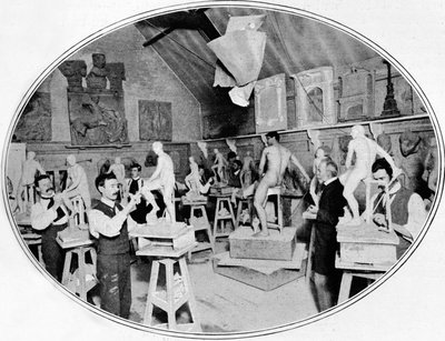 Kunststudenten in een beeldhouwklas, Londen, ca. 1900-1901 door Unbekannt