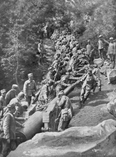 Artilleriestuk getrokken door 600 soldaten, Tweede Slag bij de Isonzo, Eerste Wereldoorlog, 1915 door Unbekannt