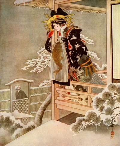 Terwijl ze sprak, leunde Urasato ver over het balkon..., 1919 door Unbekannt