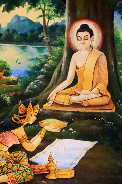 Ascetische Boeddha kreeg een kom melk-rijstmaaltijd aangeboden op de ochtend van zijn verlichting door Nandabala, schilderij dat het levensverhaal van Shakyamuni Boeddha afbeeldt, Wat Ong Teu Mahawihan, Tempel van de Zware Boeddha, Vientiane, Laos door Unbekannt