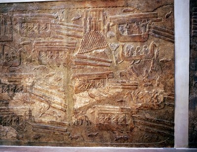 Assyrisch reliëf dat het transport van hout uit Libanon over water toont, Khorsabad, 8e eeuw v.Chr. door Unbekannt