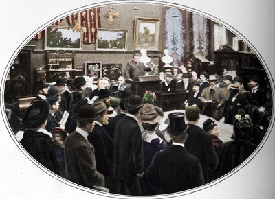 Veiling in uitvoering bij Phillips veilingmeesters, Londen, circa 1901 door Unbekannt