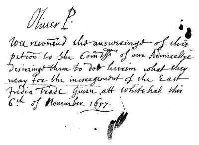 Handgeschreven brief van Oliver Cromwell aan een verzoekschrift van de Oost-Indische Compagnie, november 1657, 1893 door Unbekannt