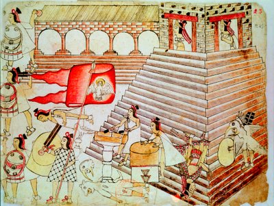 Azteekse krijgers verdedigen de tempel van Tenochtitlan tegen Conquistadores door Unbekannt