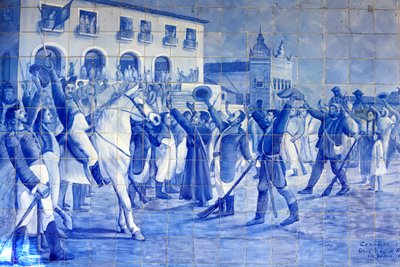 Azulejo mozaïek dat Cachoeira mensen uitbeeldt die Prins Pedro toejuichen, die Brazilië naar onafhankelijkheid leidde, Cachoeira, Brazilië door Unbekannt