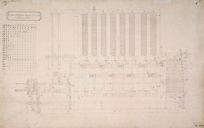 Babbage-motoren, verschiltekening van zijaanzicht van Difference Engine No 2 door Unbekannt