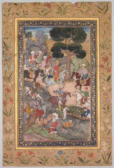 Babur ontmoet Sultan Ali Mirza bij de Kohik-rivier, uit een Babur-nama Herinneringen van Babur, ca. 159 door Unbekannt