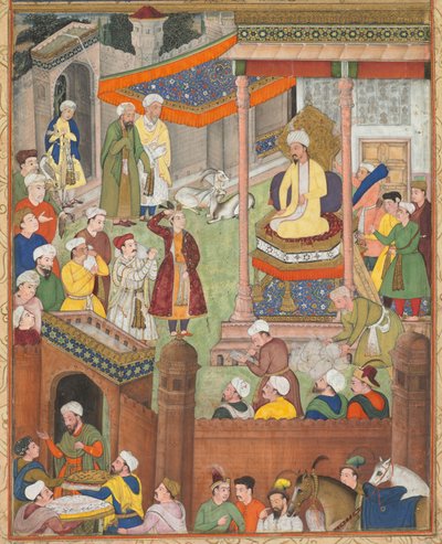 Babur ontvangt buit en Humayuns groet na de overwinning op Sultan Ibrahim..., ca. 1596-1597 door Unbekannt