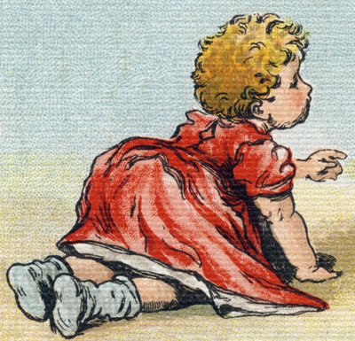 Baby. Gravure in "Alphabet de ma petite fille". Bernardin-Bechet en Fils, boekverkopers-uitgevers, Parijs, rond 1895. Onbreekbaar album op canvas. Bibliotheque des Bebes. 12 pagina