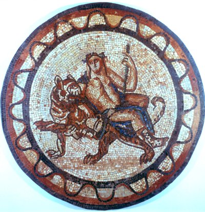 Bacchus, oude Romeinse god van de wijn, rijdend op een tijger, Romeins mozaïek, 1e of 2e eeuw door Unbekannt