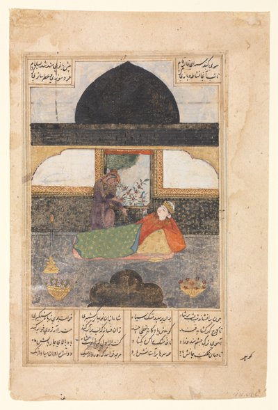 Bahram Gur bezoekt de prinses van India in het zwarte paviljoen, illustratie en tekst...recto ca. 140 door Unbekannt