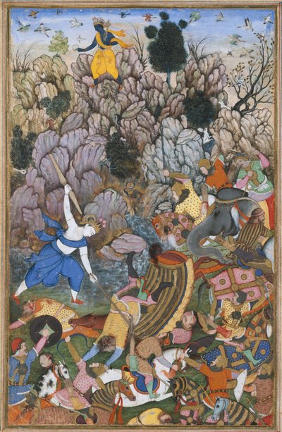 Balarama en Krishna Vechten tegen de Vijand, Folio uit een Harivamsa De Legende van, ca. 1590-95 door Unbekannt