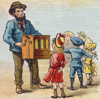 Barbarijse orgel. Gravure in "Alphabet de ma petite fille". Bernardin-Bechet en Fils, boekverkopers-uitgevers, Parijs, rond 1895. Onbreekbaar album op canvas. Bibliotheque des Bebes. 12 pagina