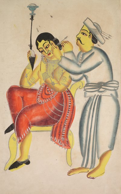 Barbier reinigt het oor van een vrouw, 1800s door Unbekannt