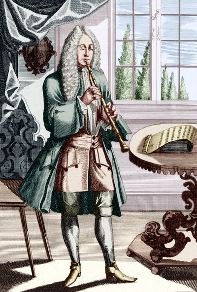 Barok hobo muzikant, bijschrift leest - Man die hautboy (of hautbois) speelt, een vroege hobo. Gravure door J C Weigel (1661-1726) uit Musikalisches Theatrum. door Unbekannt