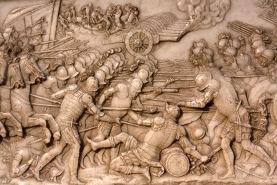 Basiliek van St. Denis, Graf van Frans I koning van Frankrijk en Claude van Frankrijk, Reliëf van de stichting, Afbeelding van de slag bij Marignano in 1515 - de Fransen en hun artillerie tegenover de Oude Zwitserse Confederatie, Saint-Denis, Frankrijk door Unbekannt