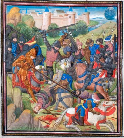 Slag tussen kruisvaarders onder Baldwin II van Jeruzalem en de Saracenen. Miniatuur uit de Historia van Willem van Tyrus door Unbekannt