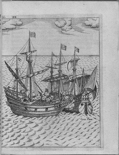 Slag tussen het schip Golden Hind van Francis Drake en het Spaanse schip Cacafuego. Van Levinus Hulsius door Unbekannt