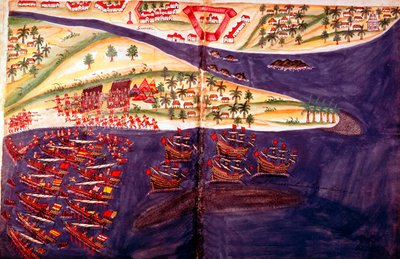 Slag tussen moslims en Portugezen bij Surat, Gujarat nabij Bombay, India, ca. 16e eeuw door Unbekannt