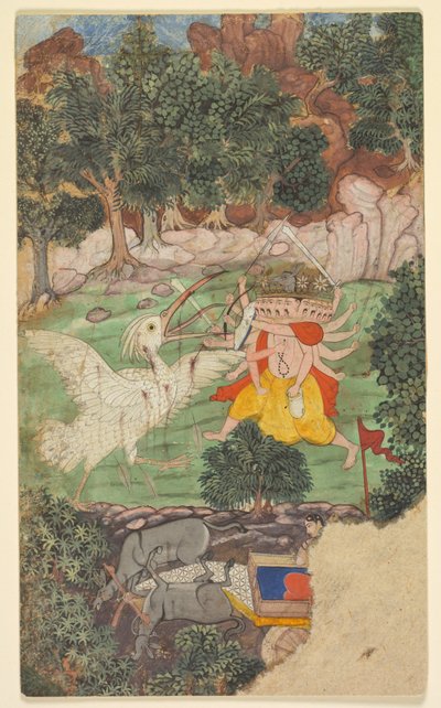 Slag van Ravana en Jatayu, uit sarga hoofdstuk 49 van het Aranya-kanda Boek van het Bos, ca. door Unbekannt