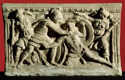 Gevechtsscène van een cineraria urn, Etruskisch (steen) door Unbekannt