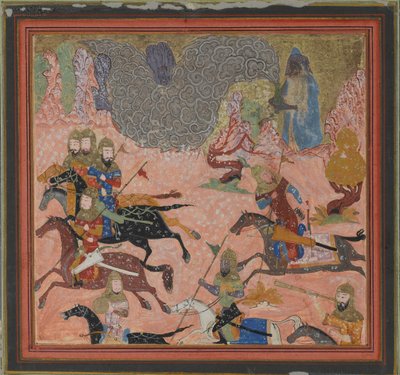 Bazur, de tovenaar, roept duisternis en een storm op, Folio uit een Shahnama, ca. 1430-40 door Unbekannt