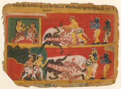 Bhima Doodt Jarasandha: Pagina uit een Bhagavata Purana Manuscript, ca. 1540 door Unbekannt