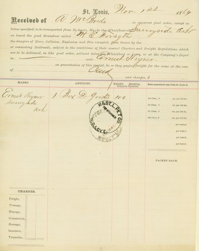 Vrachtbrief, stoomboot M[ary] E. Forsyth, Sunnyside, Arkansas, 1 november 1864 door Unbekannt