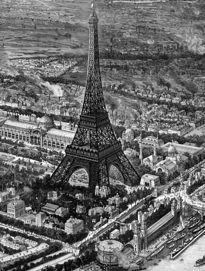 Vogelperspectief van de Eiffeltoren tijdens de opening van de Parijse Expositie van 1889 door Unbekannt