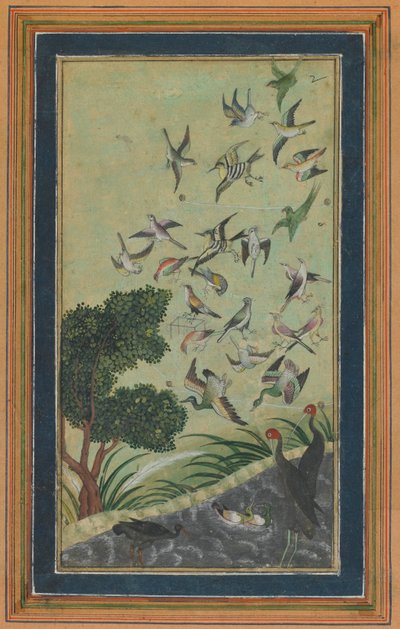 Vogels bij Baran, mogelijk uit de Babur-nama, eind 16e eeuw door Unbekannt