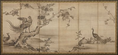 Vogels, bloemen en bomen: op de achterkant, bamboebomen, Momoyama-periode, 1568-1615 door Unbekannt