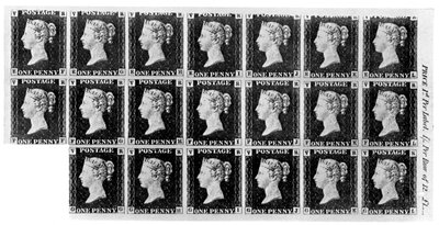 Blok van twintig Penny Black-postzegels, 1840, 1910 door Unbekannt