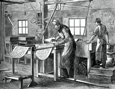 Blokdrukkers aan het werk, ca. 1880 door Unbekannt