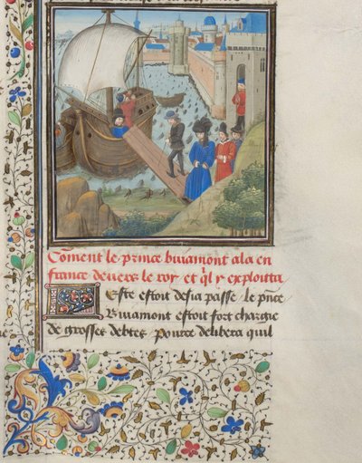 Bohemond I van Antiochië reisde terug naar Apulië. Miniatuur uit de Historia door Willem van Tyrus, 1460s door Unbekannt