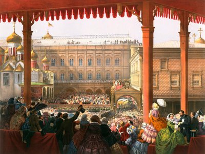 Buiging naar het volk, kroning van tsaar Alexander II van Rusland, Moskou door Unbekannt