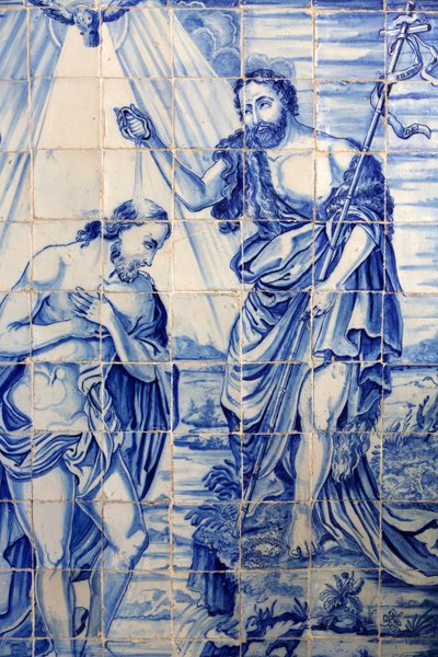 Brazilië, Bahia, Salvador: Azulejo in Bonfim kerk: Doop van Jezus door Unbekannt