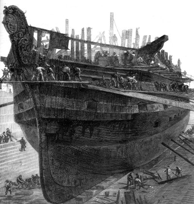 Het slopen van het hospitaalschip Dreadnought in de scheepswerf van Chatham, 1875 door Unbekannt