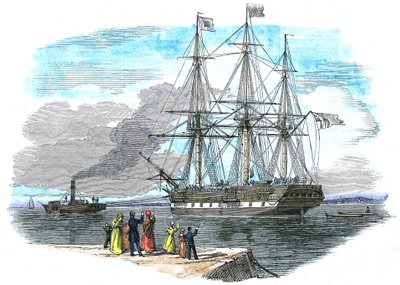Brits emigrantenschip wordt de haven uitgesleept voor vertrek naar Sydney, Australië door Unbekannt
