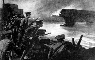 Britse troepen aan de rivieroever voorbereid op Duitse opmars, België, Eerste Wereldoorlog, 1914 door Unbekannt