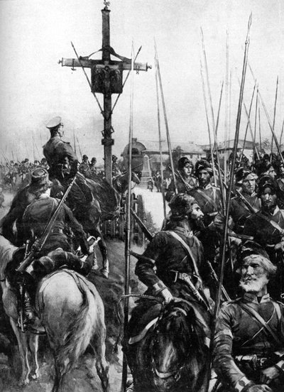 Britse troepen die door een Galicisch dorp trekken, Spanje, Eerste Wereldoorlog, 1914 door Unbekannt