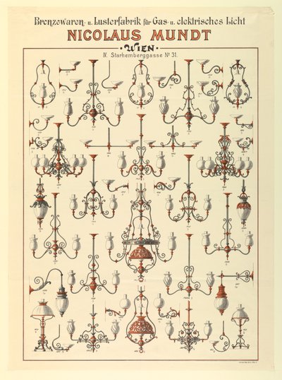 Affiche, Advertentie voor Gasverlichtingsarmaturen, ca. 1895 door Unbekannt