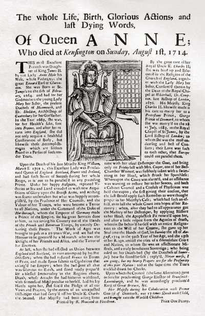 Pamflet gepubliceerd bij de dood van koningin Anne, 1714 door Unbekannt