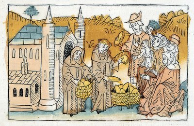 Brooduitdeling door kloosterbroeders aan armen. Circa 1477 door Unbekannt