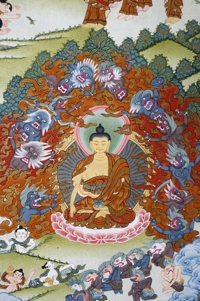 Boeddha Sakya Muni omringd door verleiding. Thangka, Bhaktapur, Nepal door Unbekannt
