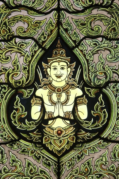 Boeddha. Glas-in-loodraam. Marmeren Tempel. Wat Benchamabophit Dusitvanaram Ratchaworawiharn. 1899, Bangkok, Thailand door Unbekannt