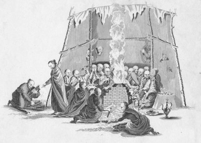 Het verbranden van het dode lichaam van een Lama, ca. 1802 door Unbekannt